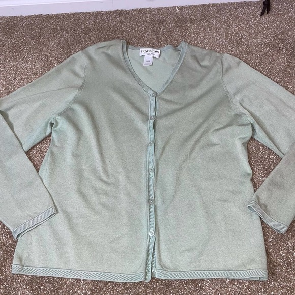 Pendelton top blouse cardigan set of 2 white sea foam green lace trim SZ LG - Picture 6 of 10